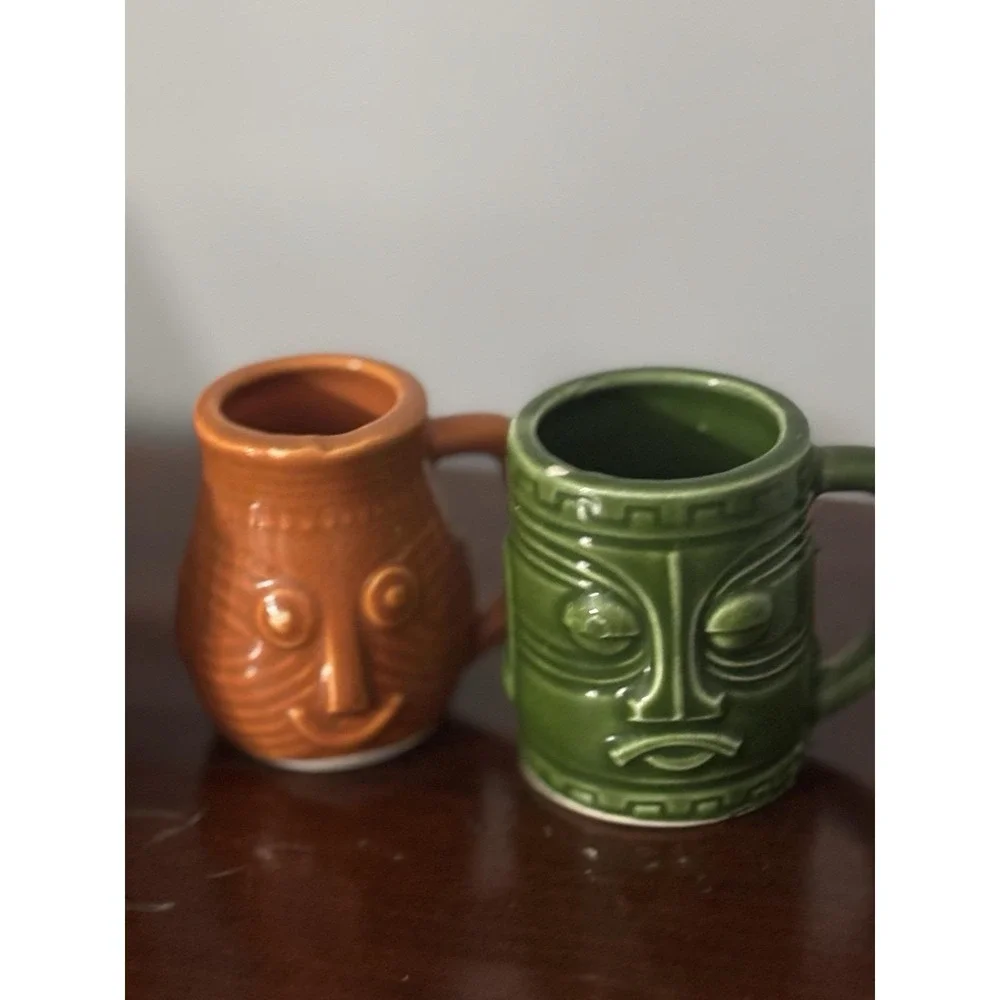 Vintage 4Pc Miniature Tiki Mask Face Mugs Shot Glasses Planters Holders